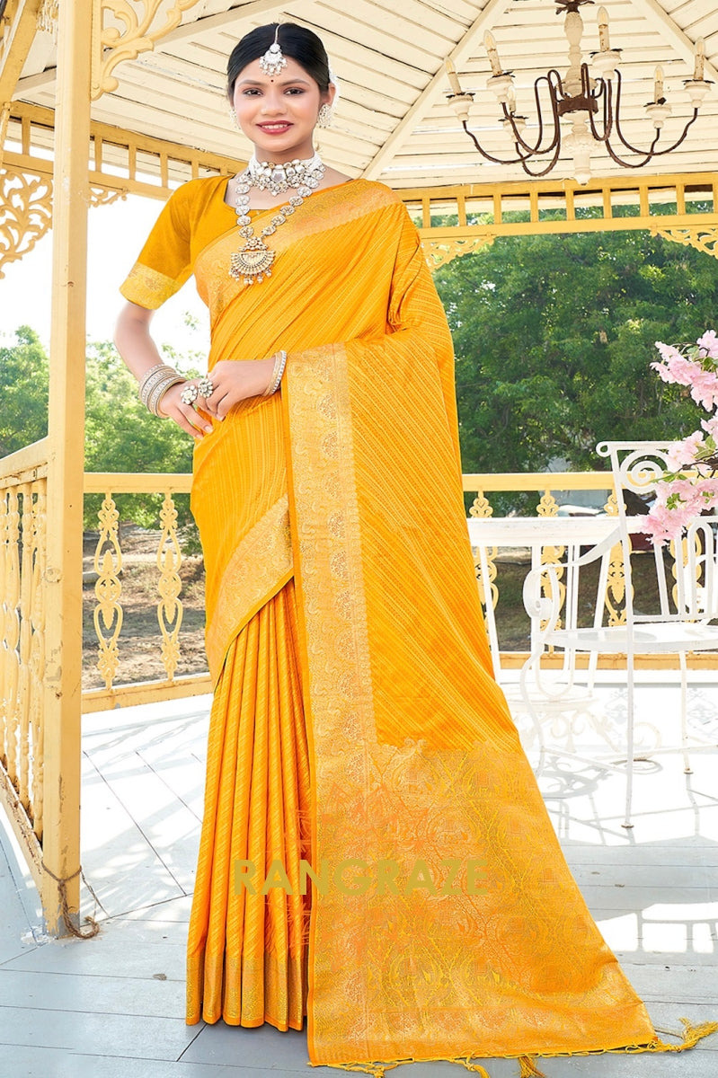 Yellow Golden Zari Banarasi Silk Saree With Matching Blouse