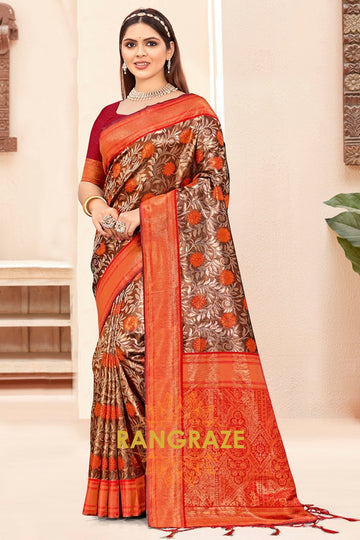 Metal Red Floral Red Kanjivaram Silk Saree With Blouse