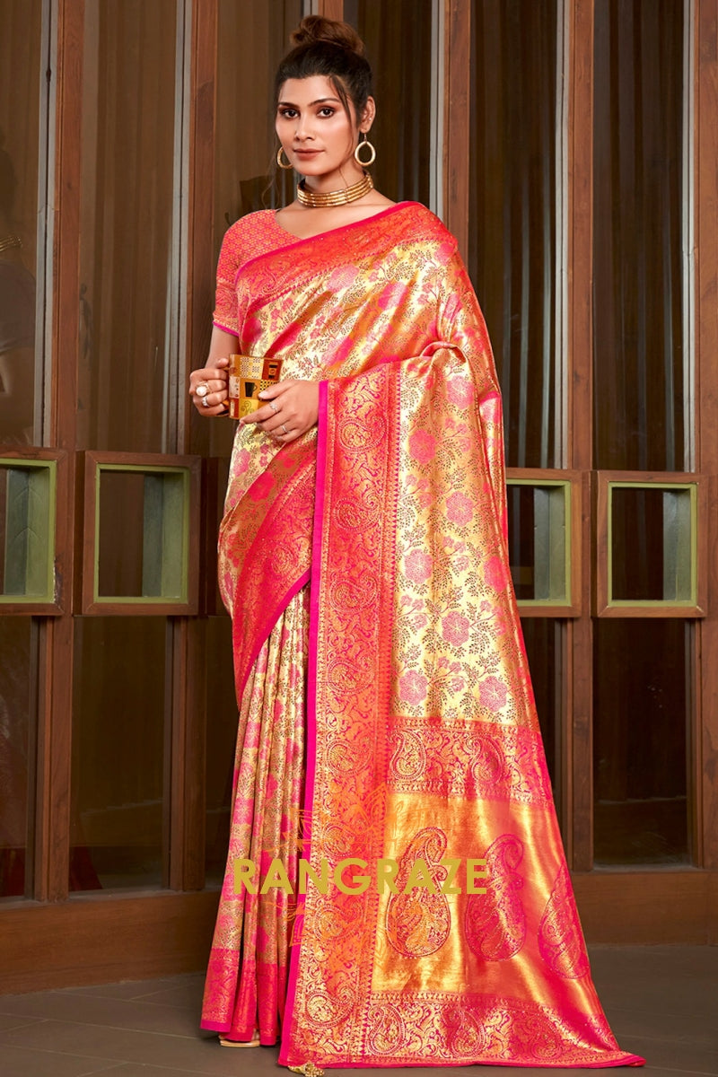 Pink Golden Heavy Golden Zari Work Banarasi Silk Saree