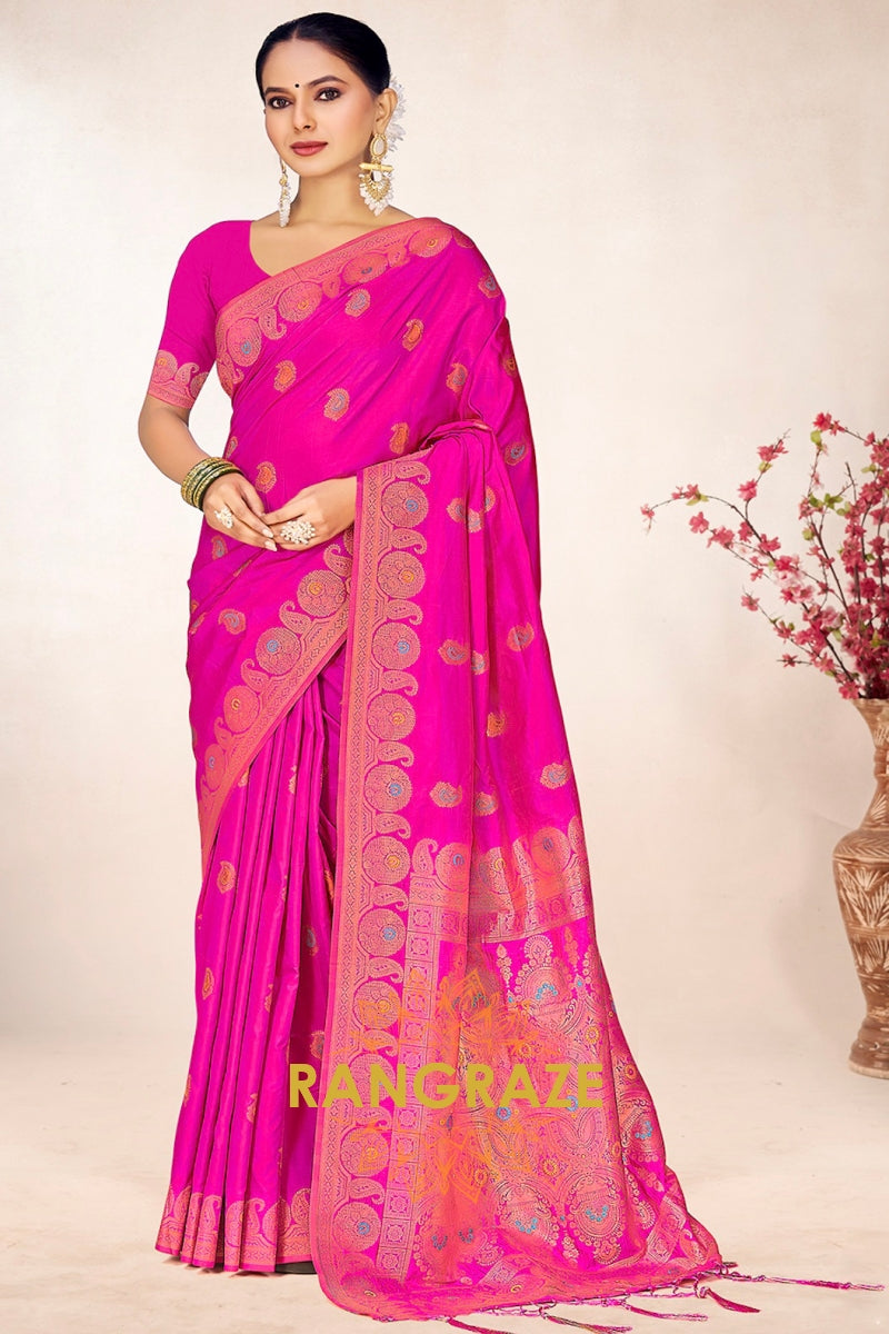 Mystic Magenta Banarasi Silk Saree With Golden Pallu