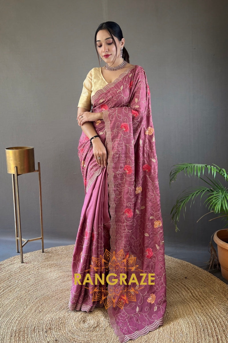 Rose Pink Embroidery Work Pure Tussar Silk Saree