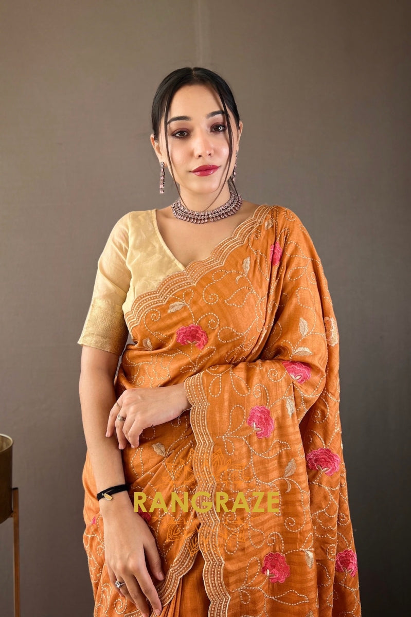 Sunny Yellow Embroidery Work Pure Tussar Silk Saree