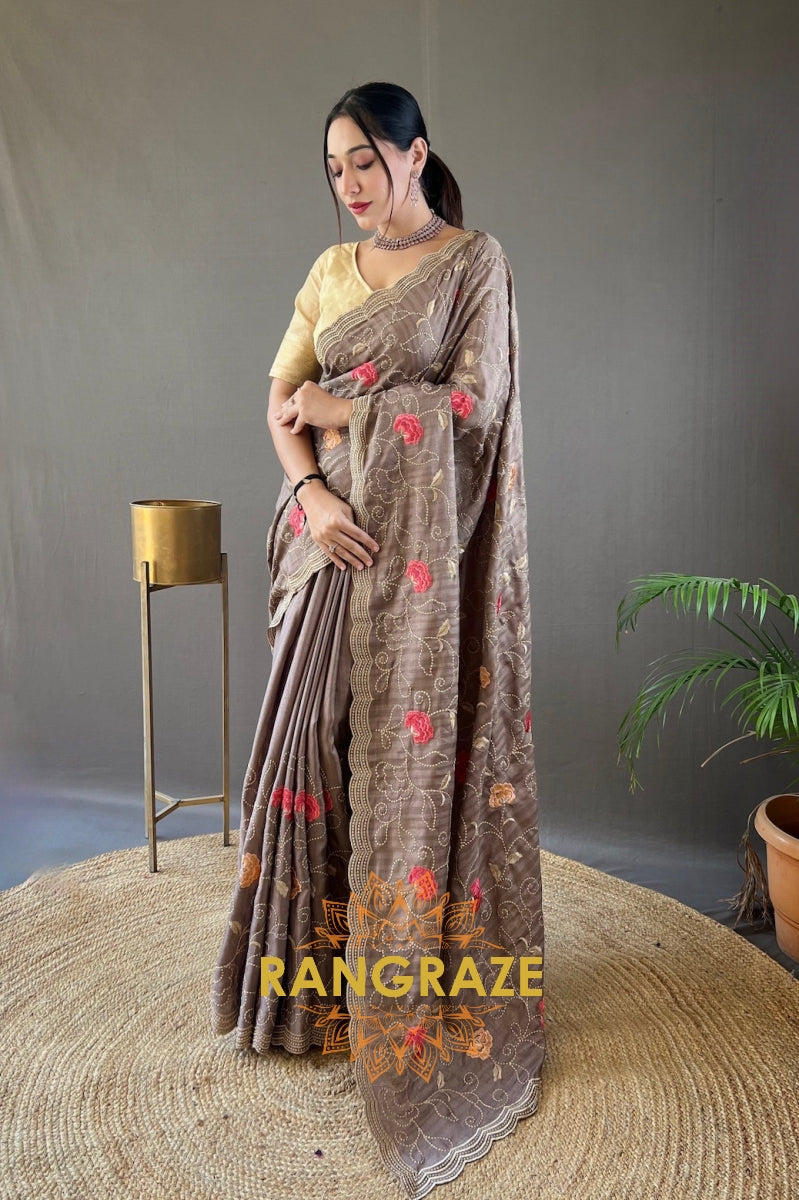 Metal Grey Embroidery Work Pure Tussar Silk Saree