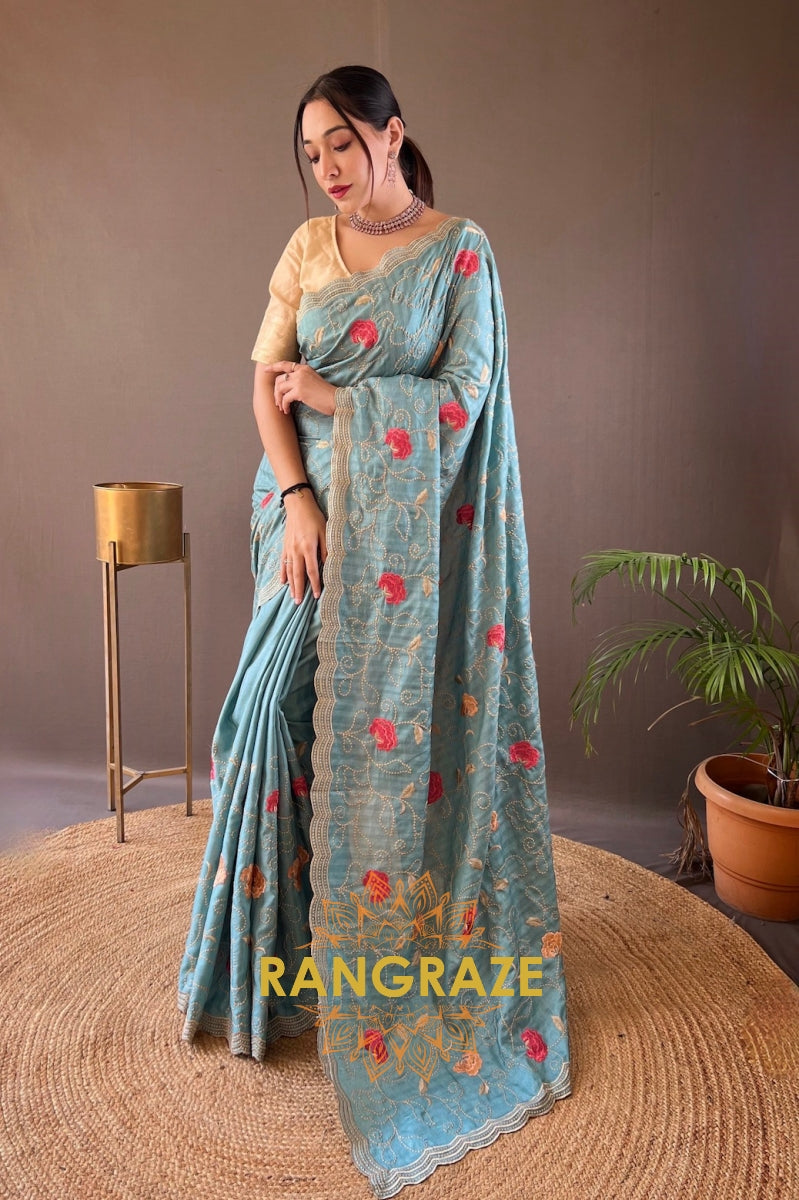 Turquoise Blue Embroidery Work Pure Tussar Silk Saree