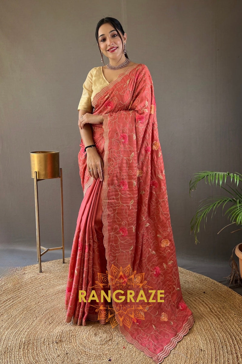 Peach Pink Embroidery Work Pure Tussar Silk Saree