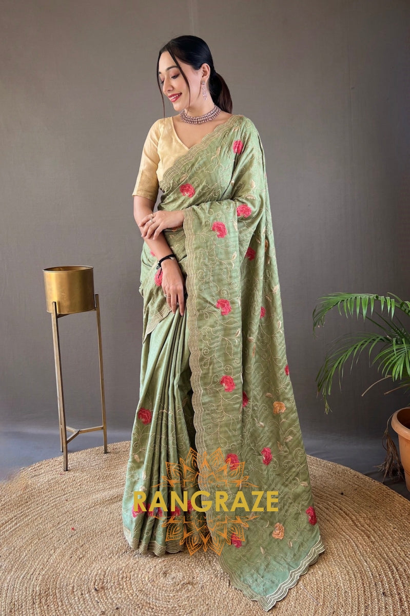 Sea Green Embroidery Work Pure Tussar Silk Saree