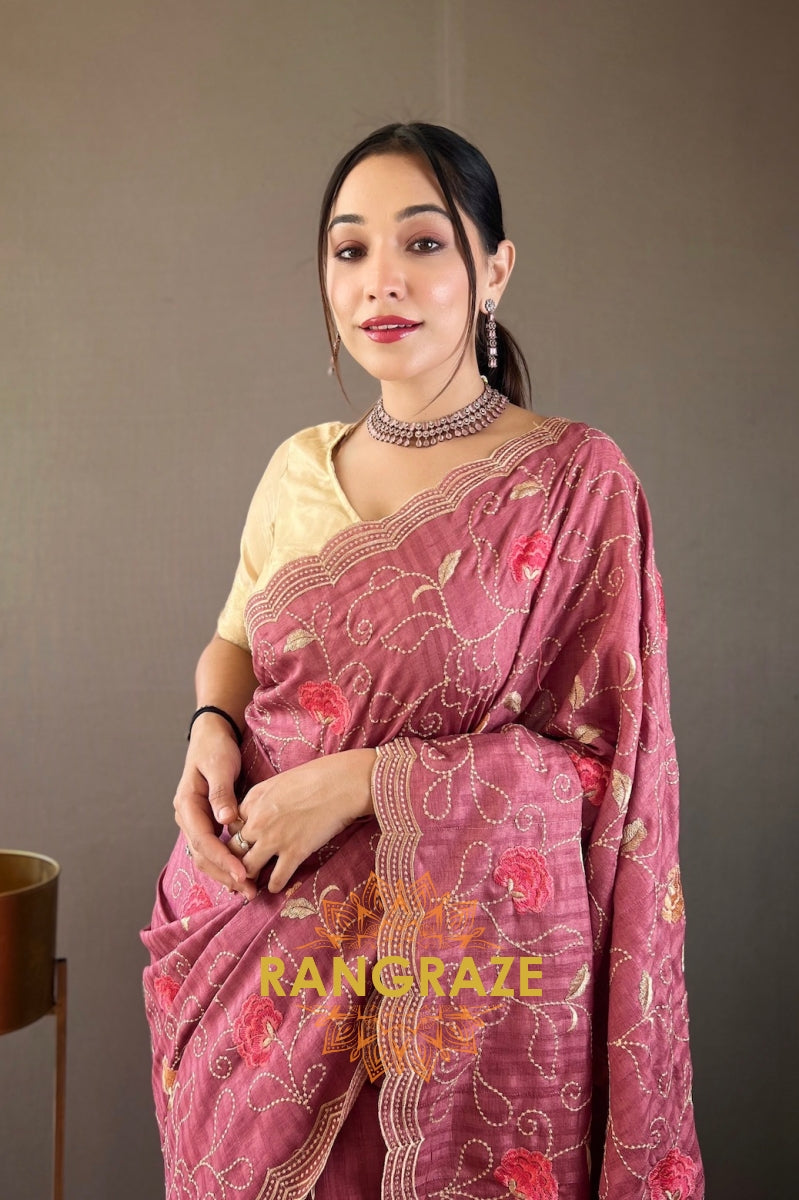 Rose Pink Embroidery Work Pure Tussar Silk Saree