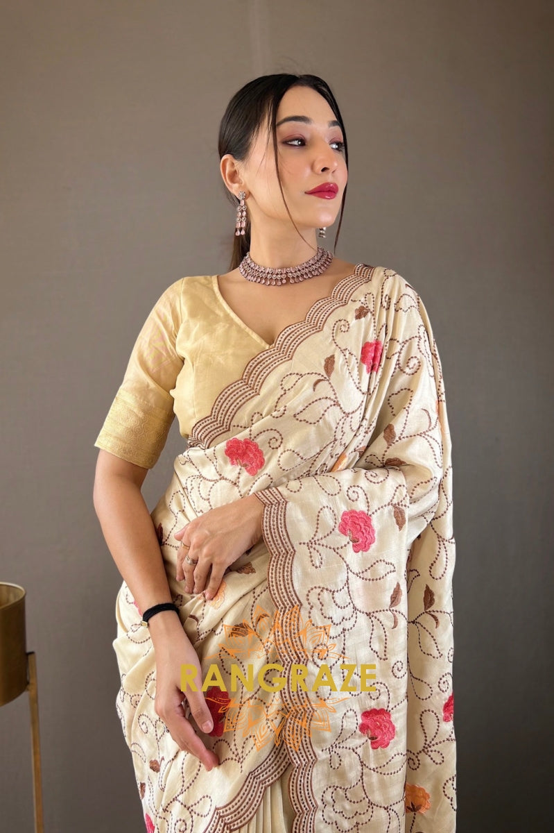 Ivory Cream Embroidery Work Pure Tussar Silk Saree