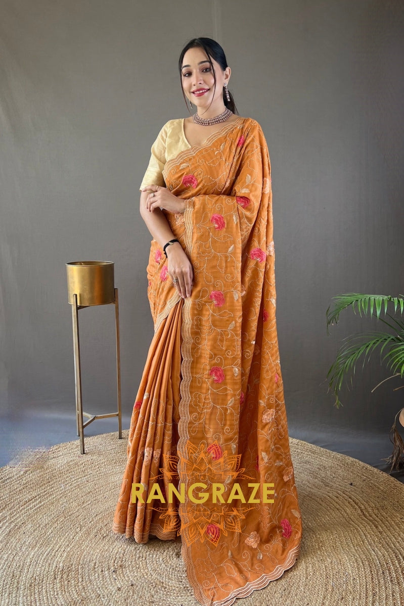 Sunny Yellow Embroidery Work Pure Tussar Silk Saree