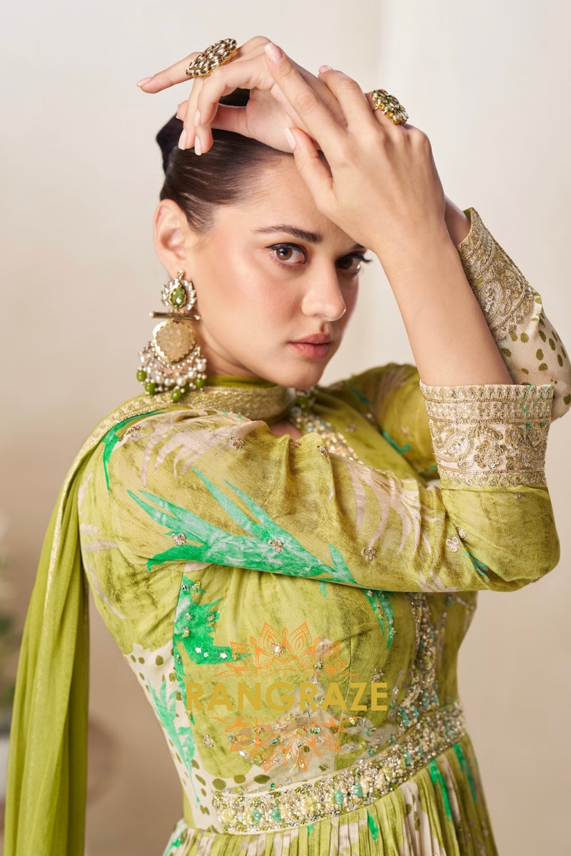 Olive Green Pure Chinon Embroidered Anarkali Suit Set