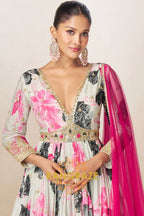 Ivory & Pink Pure Chinon Printed Anarkali Suit Set