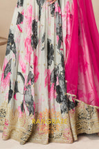 Ivory & Pink Pure Chinon Printed Anarkali Suit Set