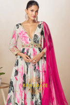 Ivory & Pink Pure Chinon Printed Anarkali Suit Set