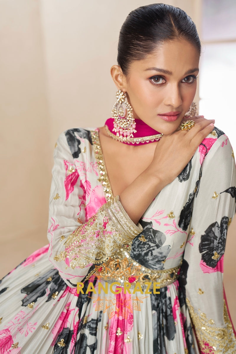Ivory & Pink Pure Chinon Printed Anarkali Suit Set