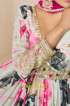 Ivory & Pink Pure Chinon Printed Anarkali Suit Set