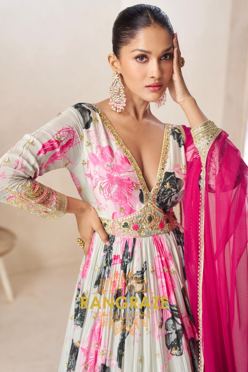 Ivory & Pink Pure Chinon Printed Anarkali Suit Set