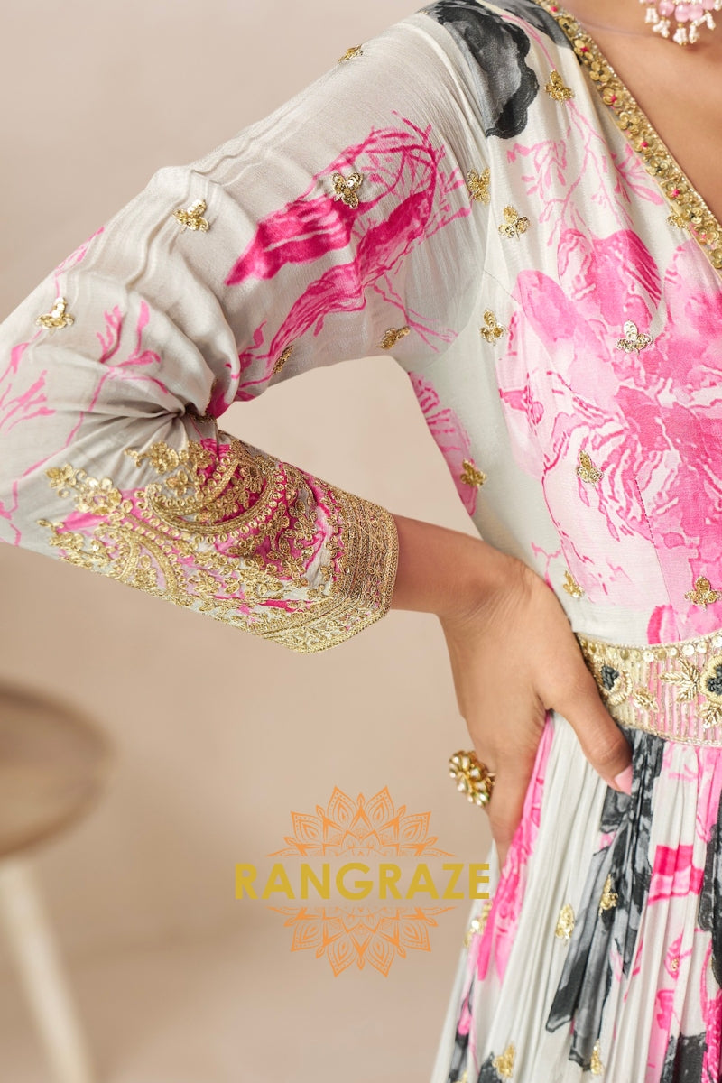 Ivory & Pink Pure Chinon Printed Anarkali Suit Set