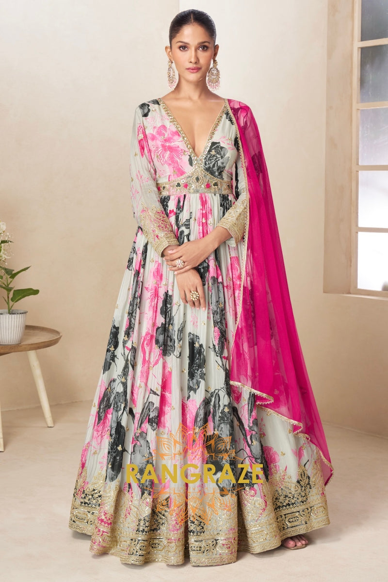 Ivory & Pink Pure Chinon Printed Anarkali Suit Set