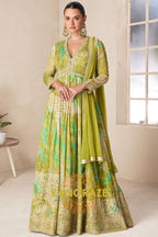 Olive Green Pure Chinon Embroidered Anarkali Suit Set