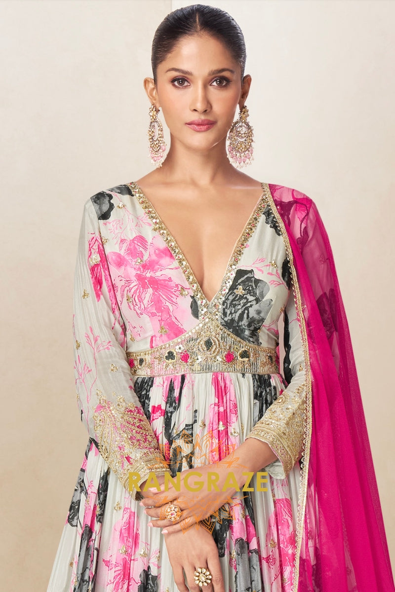 Ivory & Pink Pure Chinon Printed Anarkali Suit Set