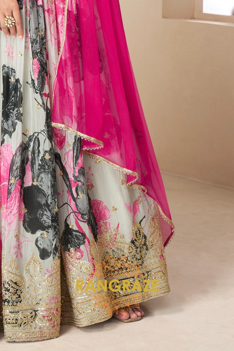Ivory & Pink Pure Chinon Printed Anarkali Suit Set