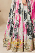 Ivory & Pink Pure Chinon Printed Anarkali Suit Set