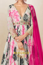 Ivory & Pink Pure Chinon Printed Anarkali Suit Set