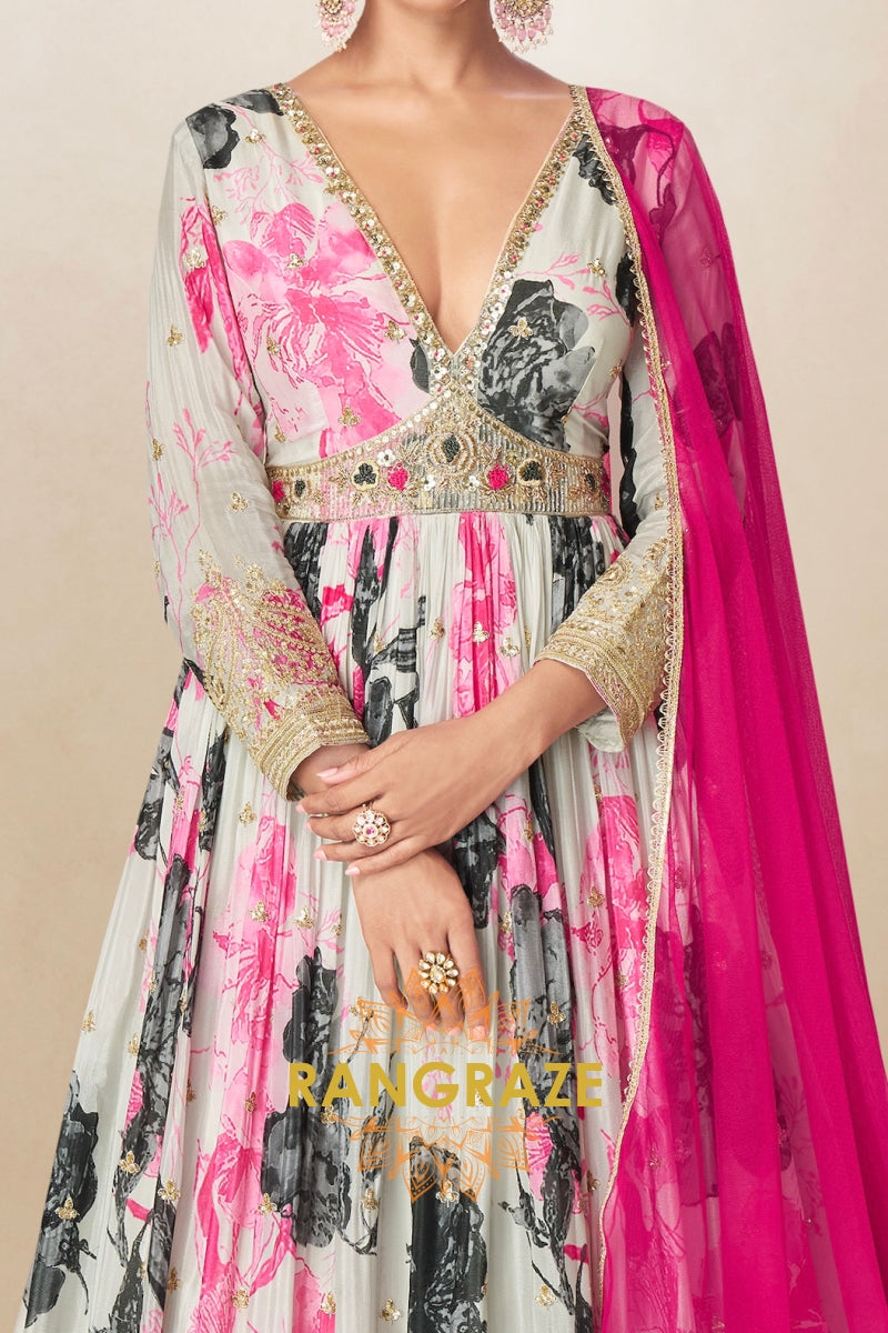 Ivory & Pink Pure Chinon Printed Anarkali Suit Set