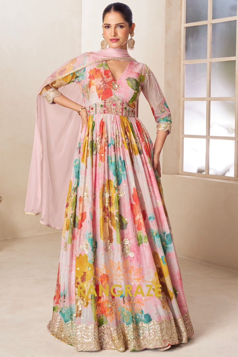 Pastel Floral Pure Chinon Printed Anarkali Suit Set