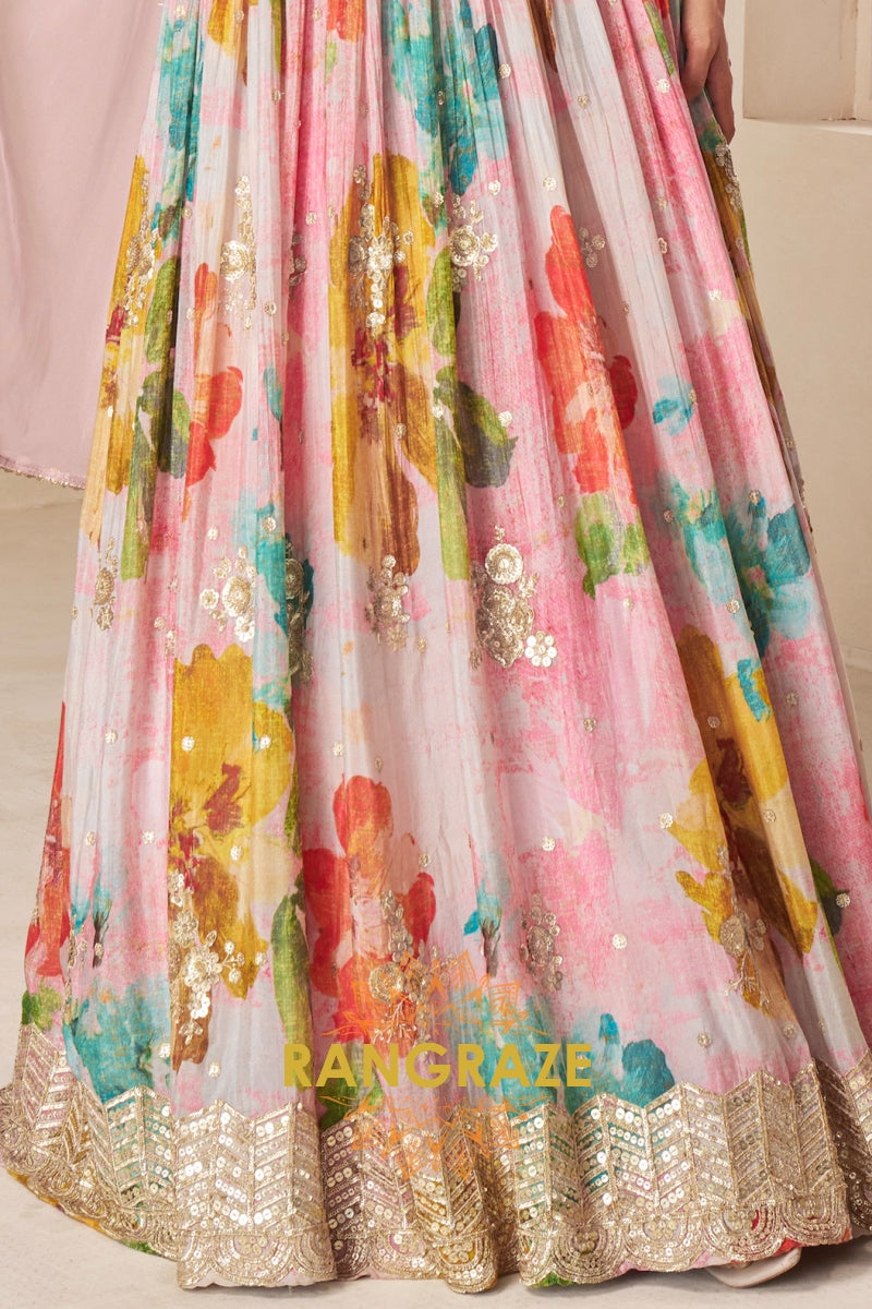 Pastel Floral Pure Chinon Printed Anarkali Suit Set
