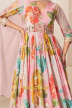 Pastel Floral Pure Chinon Printed Anarkali Suit Set