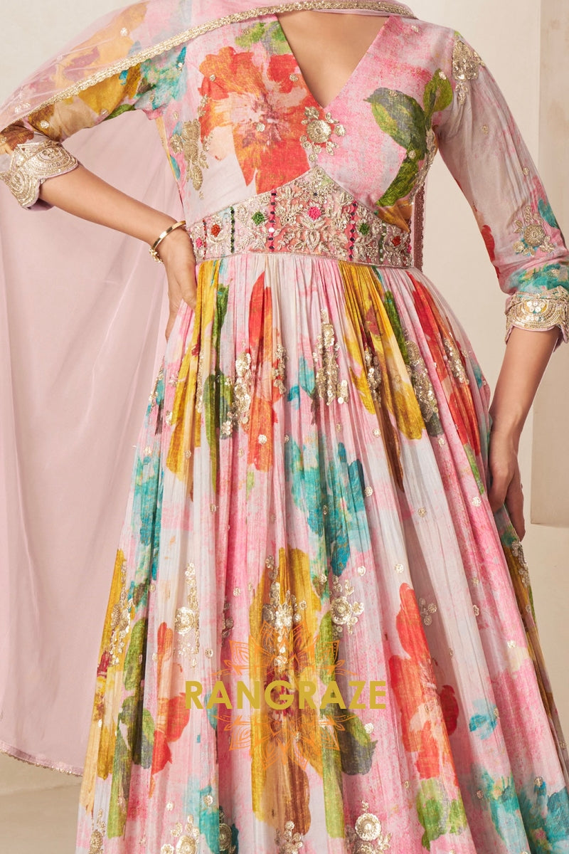 Pastel Floral Pure Chinon Printed Anarkali Suit Set