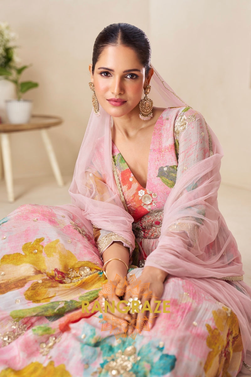 Pastel Floral Pure Chinon Printed Anarkali Suit Set