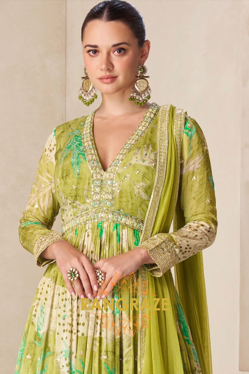 Olive Green Pure Chinon Embroidered Anarkali Suit Set
