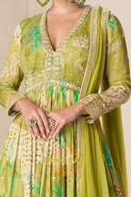 Olive Green Pure Chinon Embroidered Anarkali Suit Set