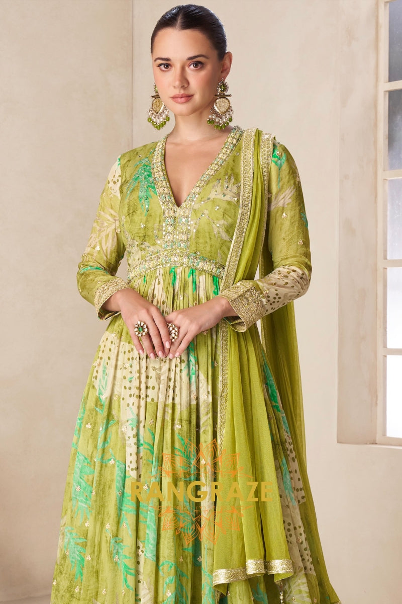 Olive Green Pure Chinon Embroidered Anarkali Suit Set