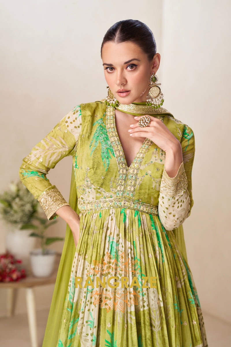 Olive Green Pure Chinon Embroidered Anarkali Suit Set