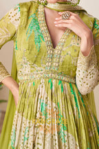 Olive Green Pure Chinon Embroidered Anarkali Suit Set