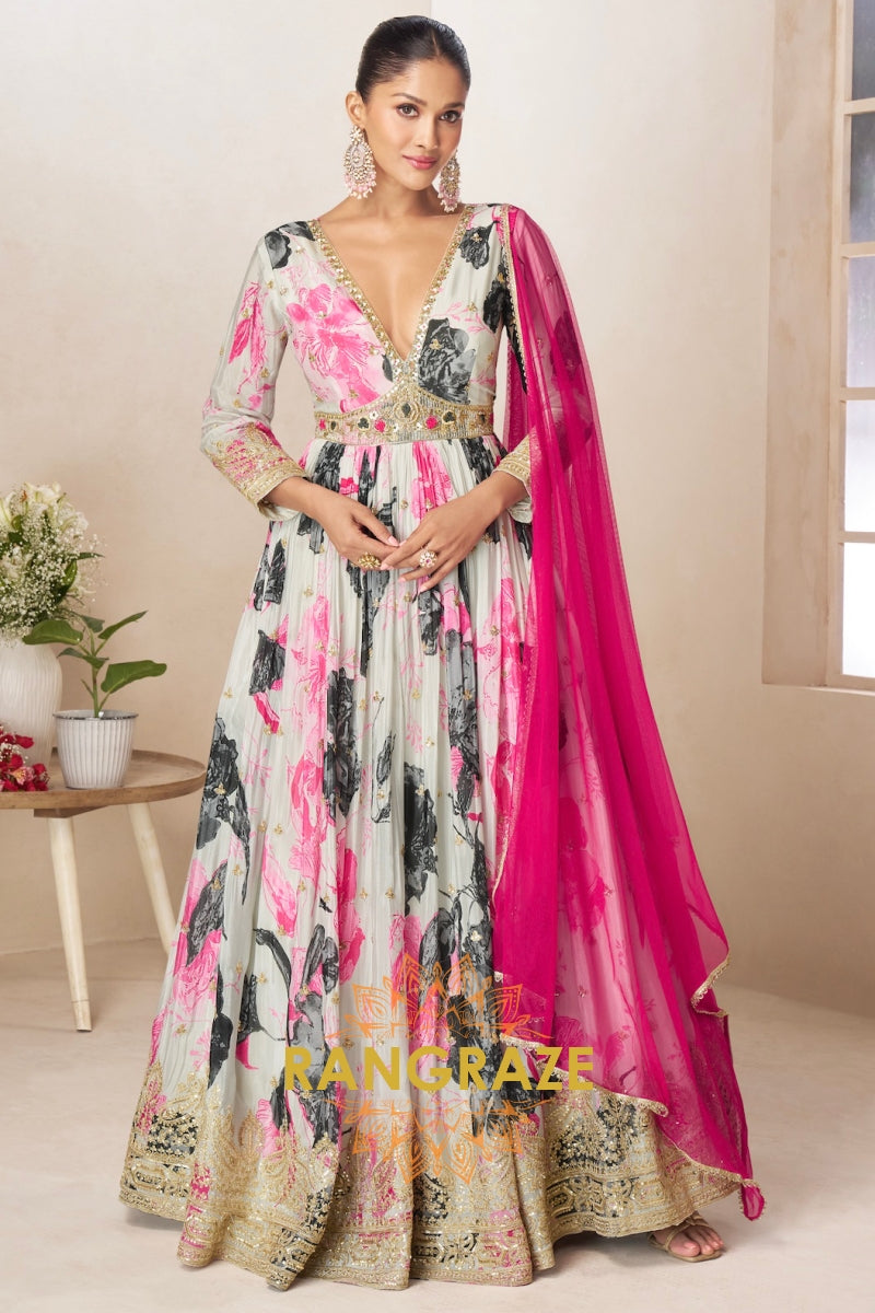 Ivory & Pink Pure Chinon Printed Anarkali Suit Set