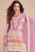 Mauve Pure Chinon Hand Embroidered Sharara Suit Set