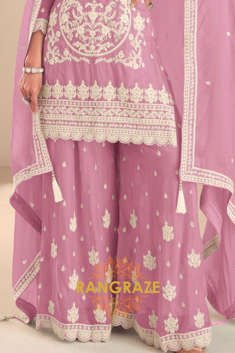 Mauve Pure Chinon Hand Embroidered Sharara Suit Set