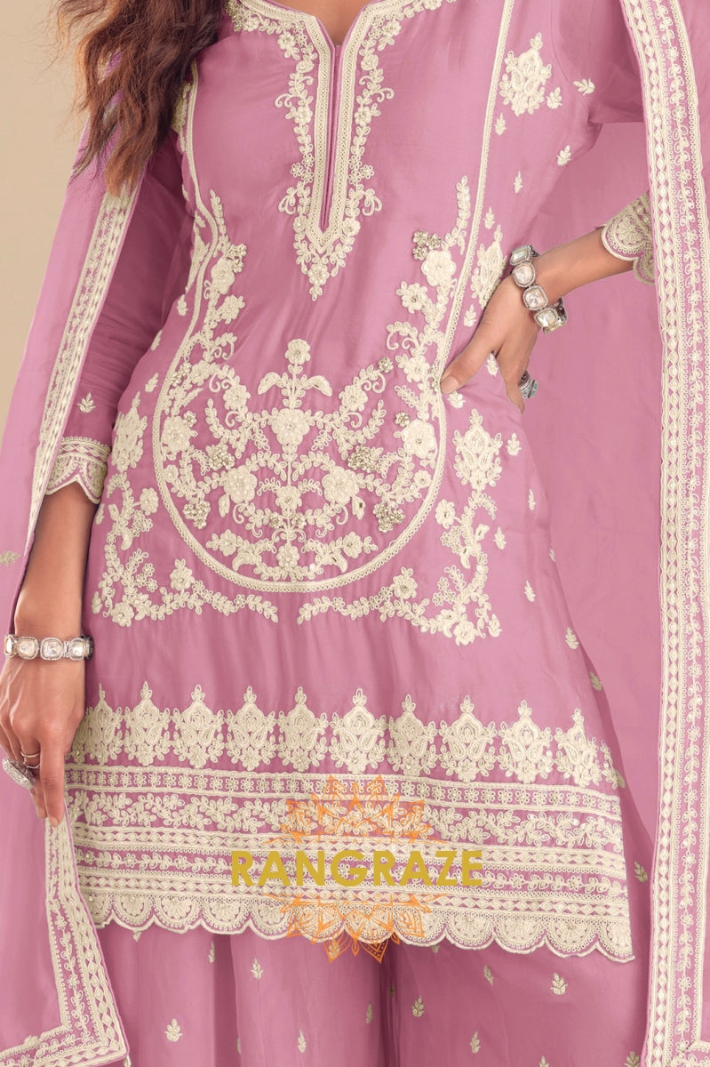 Mauve Pure Chinon Hand Embroidered Sharara Suit Set