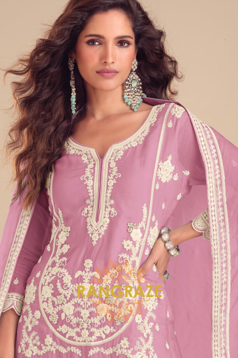 Mauve Pure Chinon Hand Embroidered Sharara Suit Set