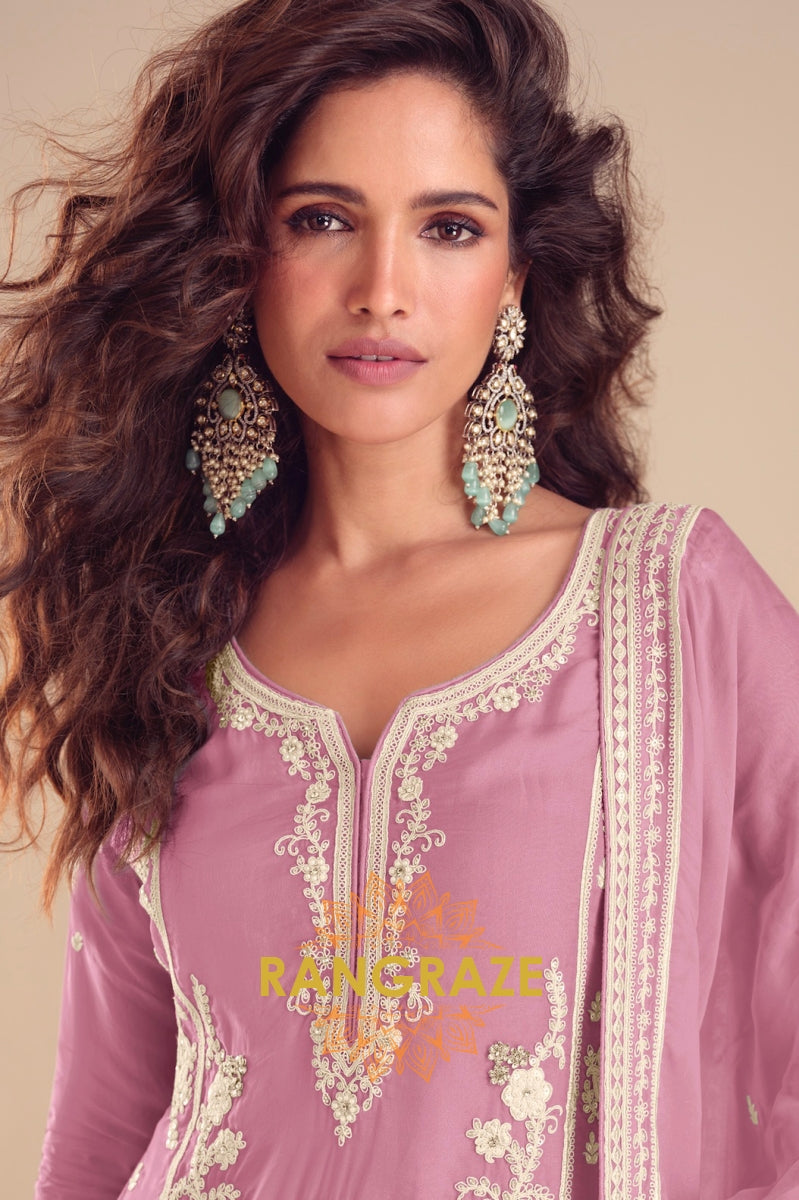 Mauve Pure Chinon Hand Embroidered Sharara Suit Set