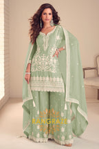 Mint Green Pure Chinon Hand Embroidered Sharara Suit Set