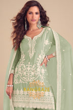 Mint Green Pure Chinon Hand Embroidered Sharara Suit Set