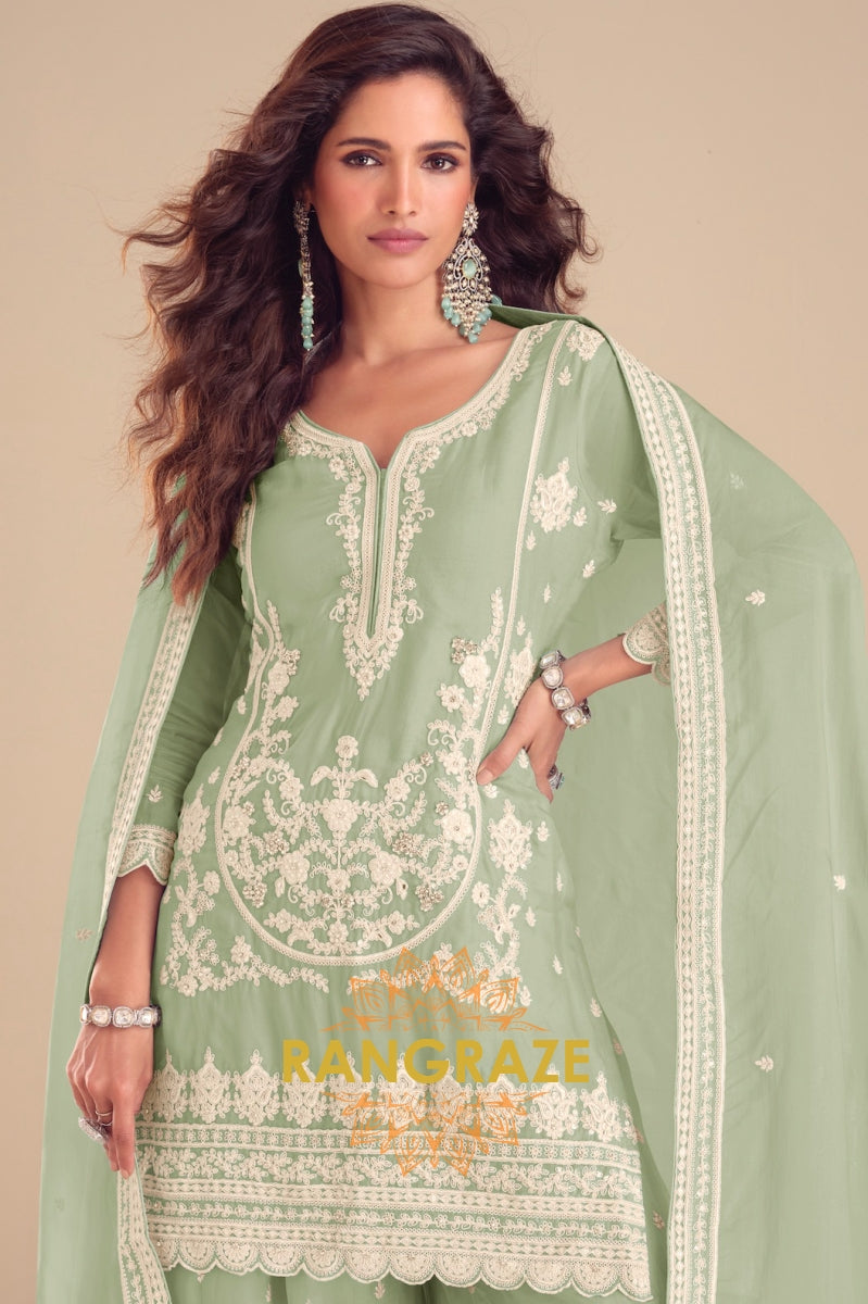 Mint Green Pure Chinon Hand Embroidered Sharara Suit Set