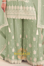 Mint Green Pure Chinon Hand Embroidered Sharara Suit Set