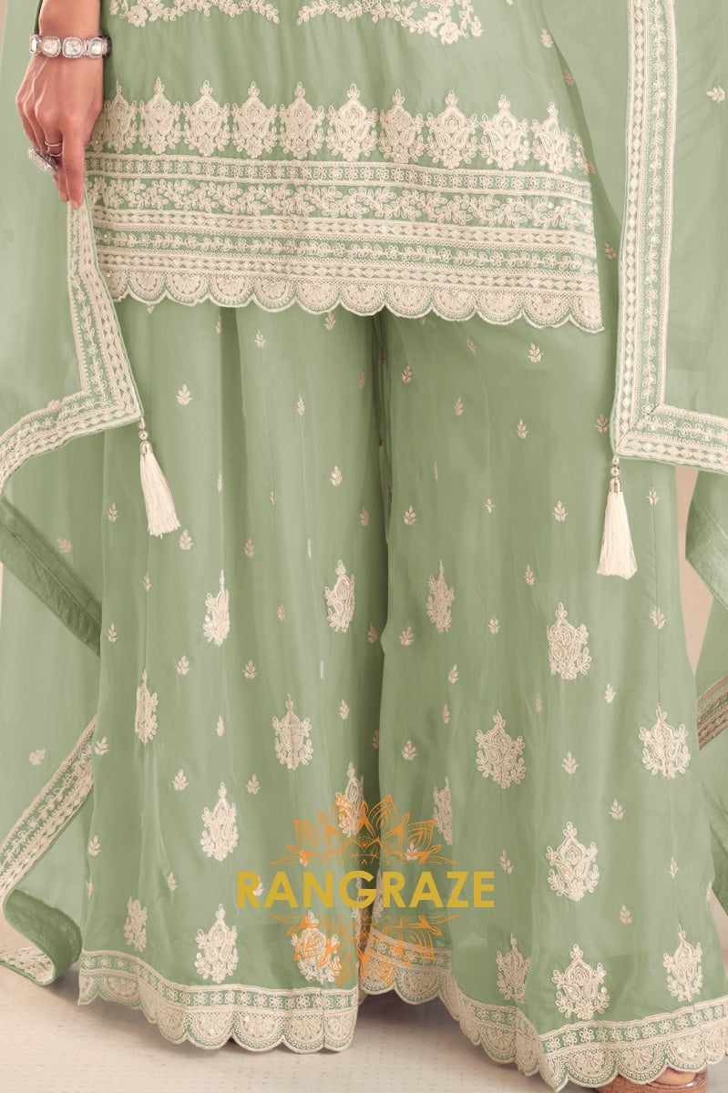Mint Green Pure Chinon Hand Embroidered Sharara Suit Set
