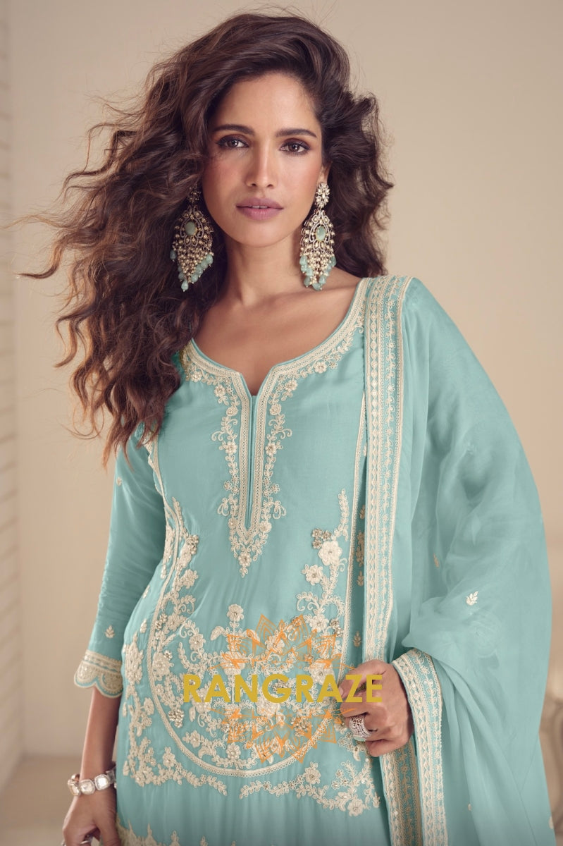 Aqua Blue Pure Chinon Embroidered Sharara Suit Set